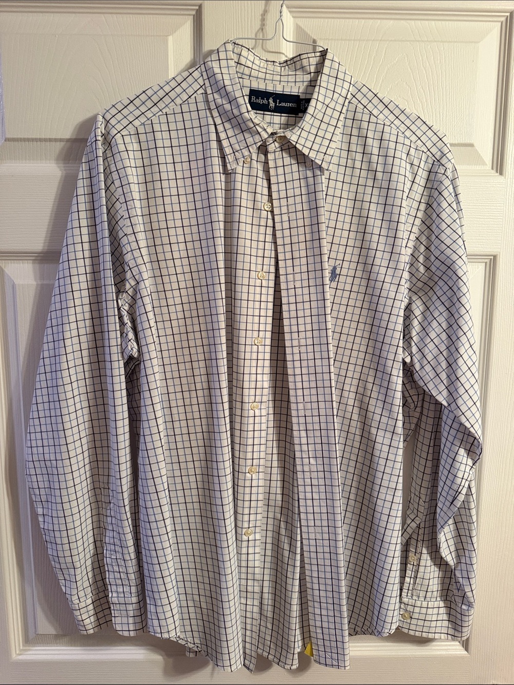 Ralph Lauren Men’s White Button-Down Shirt with Blue Windowpane Check